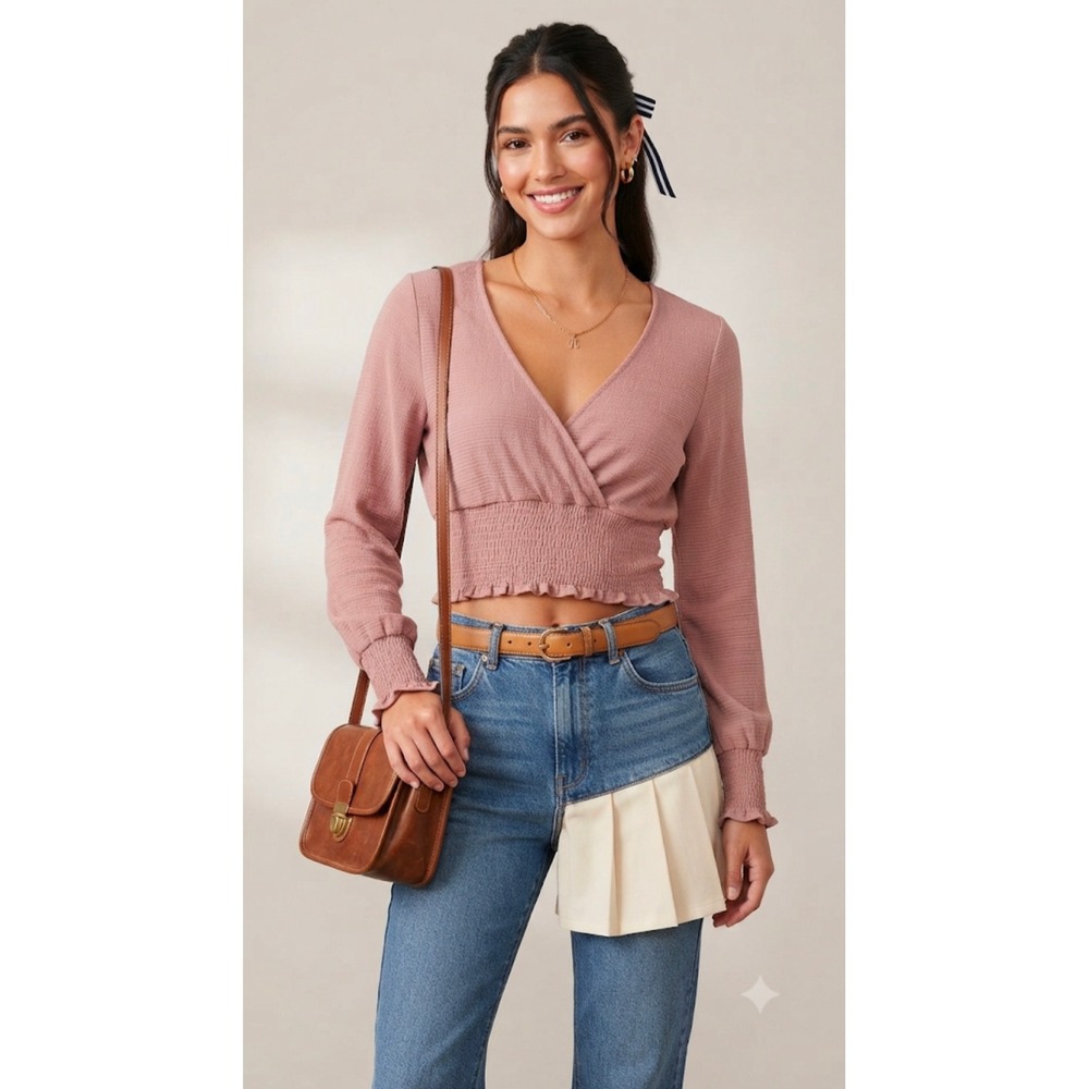 In Loom Mauve Textured Smocked Surplice Long Sleeve Crop Top NWT Size M